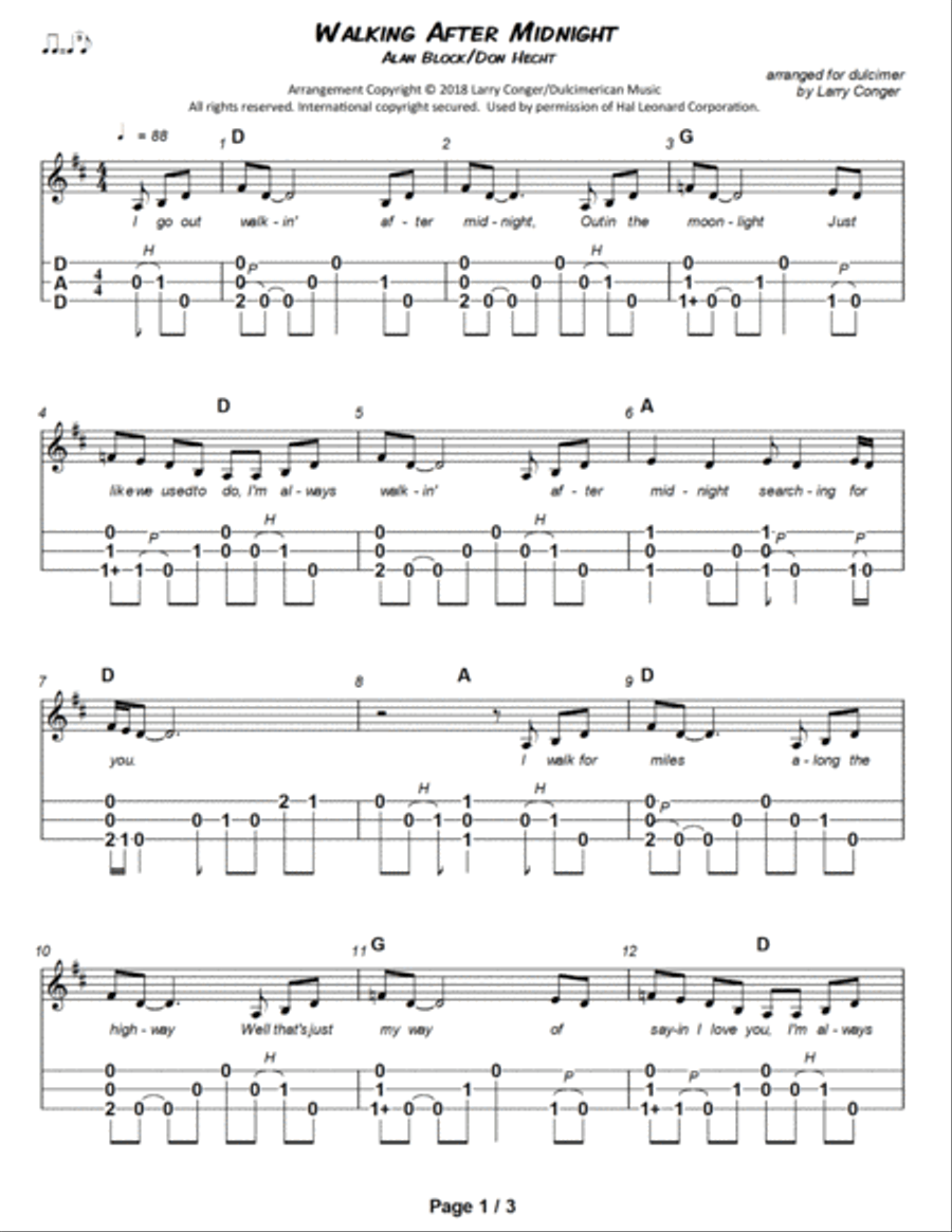 Walkin' After Midnight Dulcimer scores gallery preview page 2