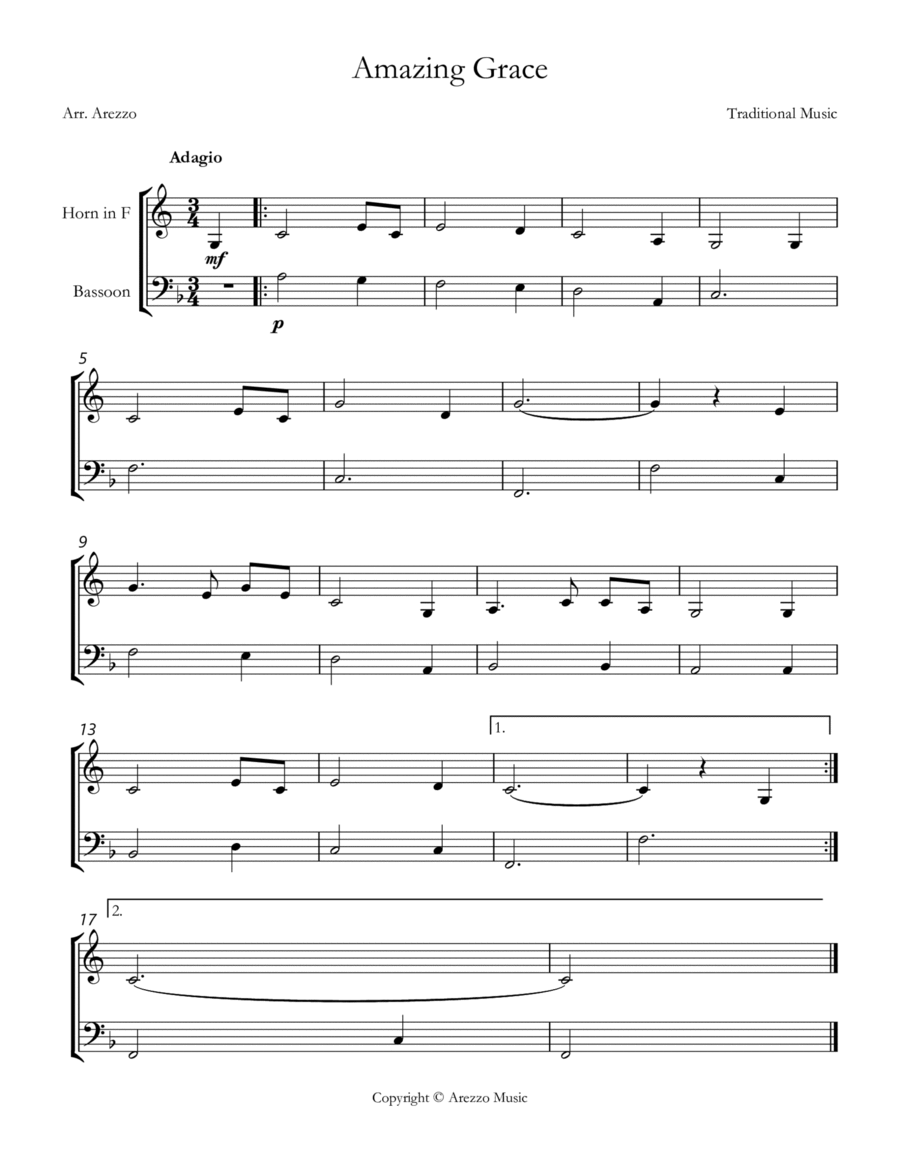 Jonh Newton Amazing Grace Easy French Horn and Bassoon Sheet Music F major image number null