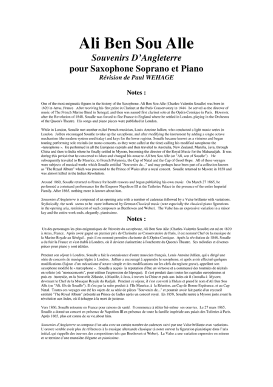 Ali Ben Sou Alle: Souvenirs d'Angleterre for soprano saxophone and piano Soprano Saxophone scores gallery preview page 1