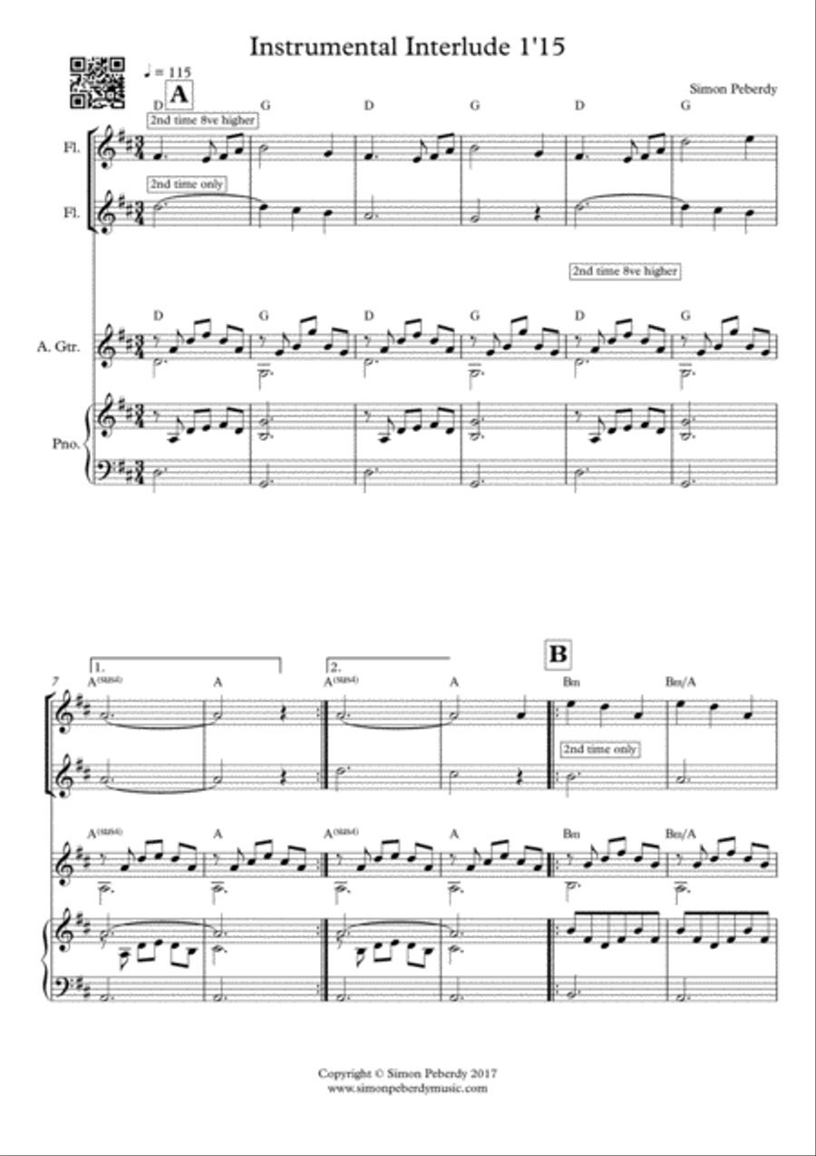 Melodious Instrumental Interlude 1'15 in D for 2 flutes, guitar and/or piano by Simon Peberdy image number null