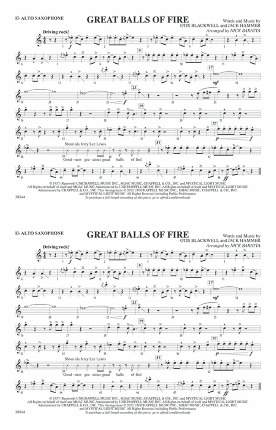 Great Balls of Fire: E-flat Alto Saxophone Marching Band scores gallery preview page 1