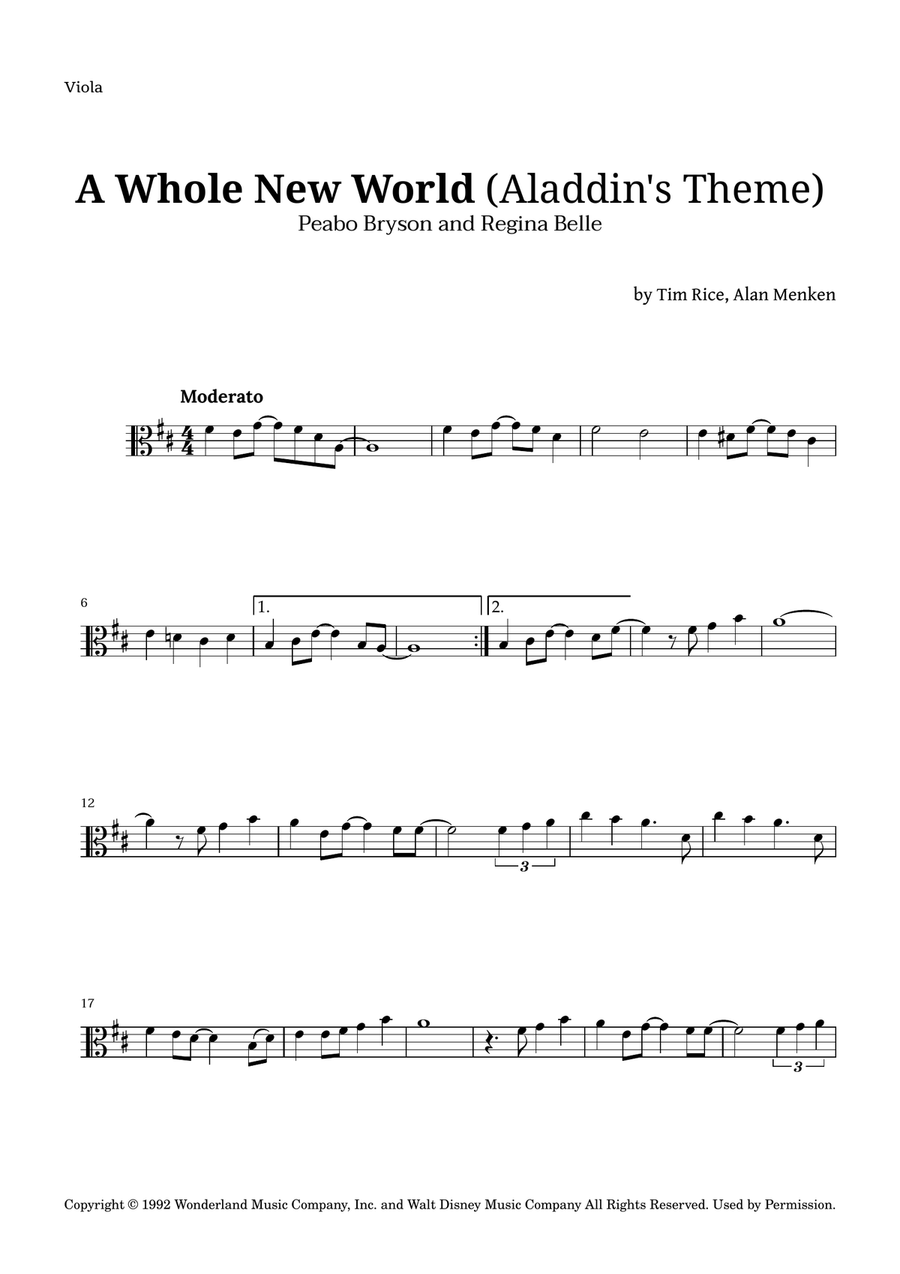 A Whole New World (aladdin's Theme) Viola Solo scores gallery preview page 1