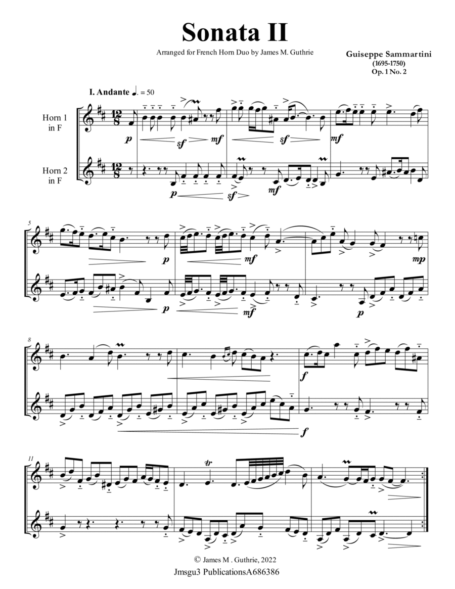 Sammartini: Sonata Op. 1 No. 2 for French Horn Duo image number null