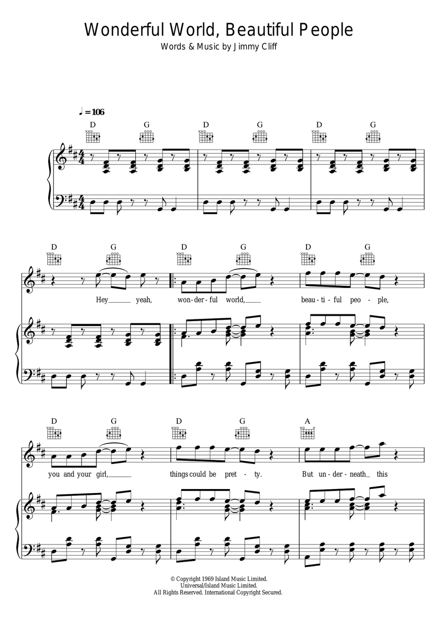 Wonderful World, Beautiful People Piano, Vocal, Guitar scores gallery preview page 1