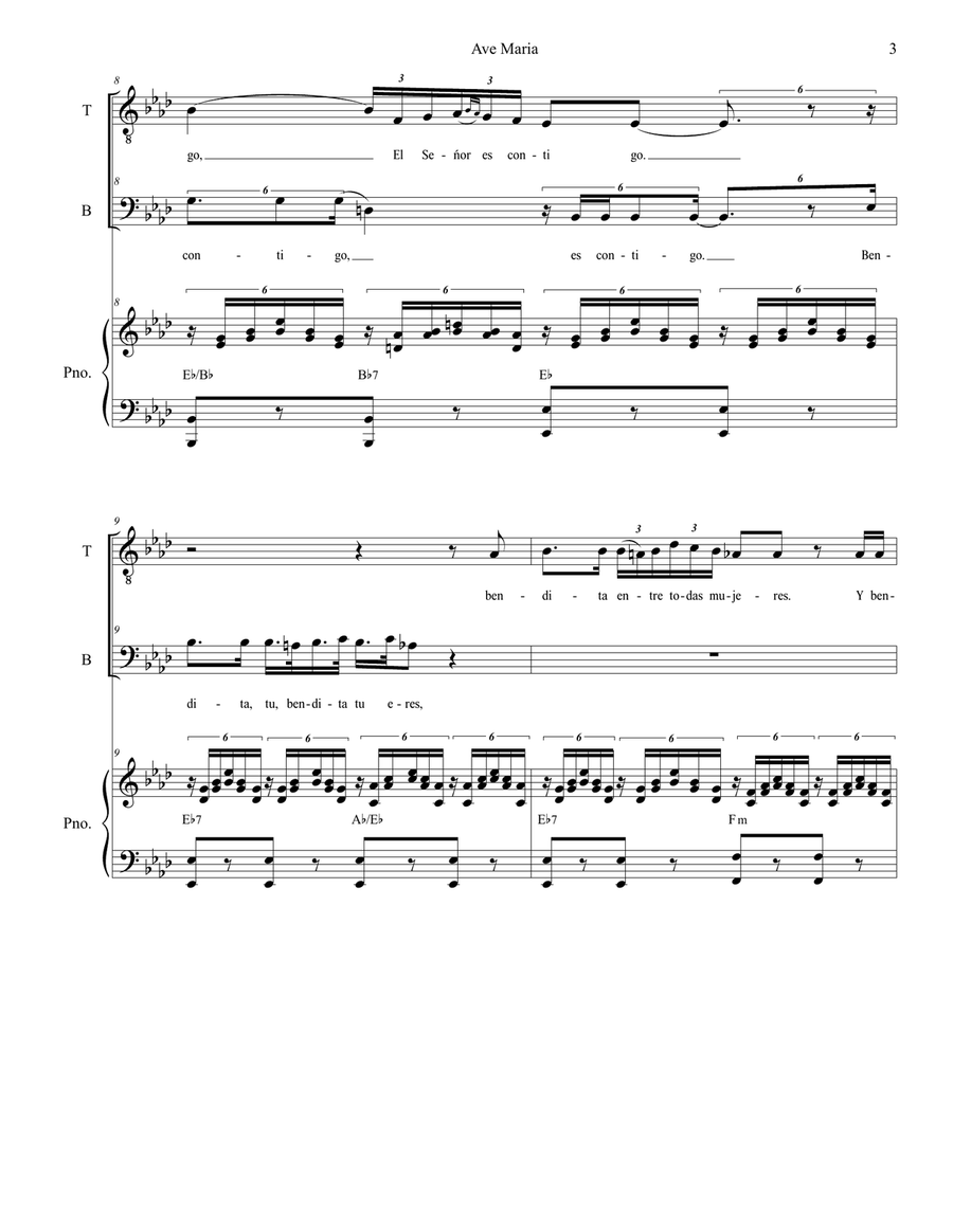 Ave Maria (Spanish Lyrics - Duet for Tenor & Bass Solo - Medium Key - Piano) Bass Voice scores gallery preview page 4