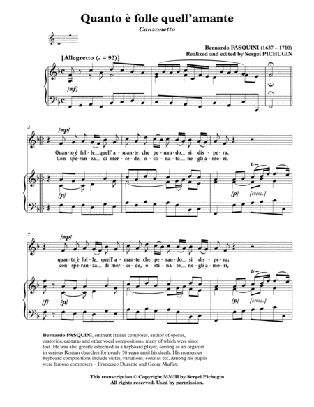 PASQUINI Bernardo: Quanto è folle quell’amante, canzonetta, arranged for Voice and Piano (F major image number null