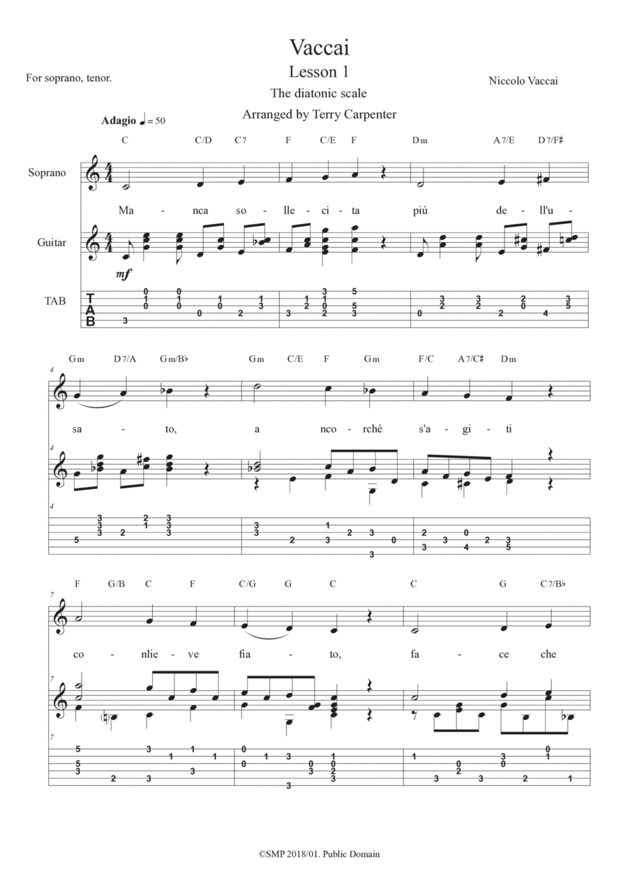 Vaccai - Lesson 1 Diatonic scale for soprano or tenor voice and guitar Acoustic Guitar scores gallery preview page 1