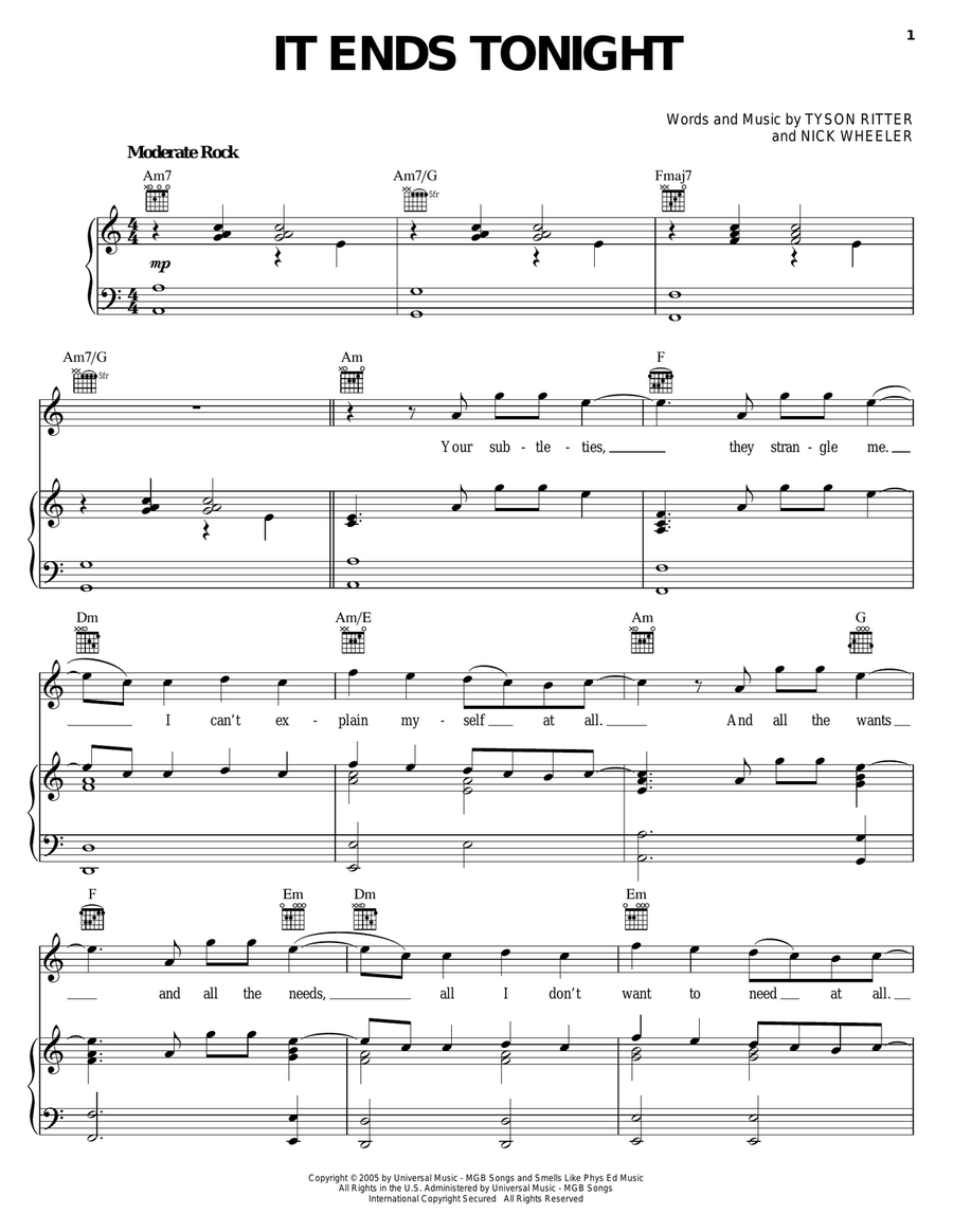 It Ends Tonight Piano, Vocal, Guitar scores gallery preview page 1