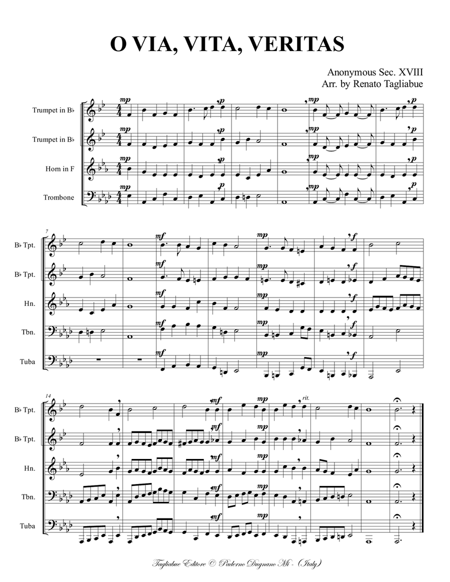 O VIA, VITA, VERITAS - Arr. for Brass Quintet with parts Brass Quintet scores gallery preview page 2