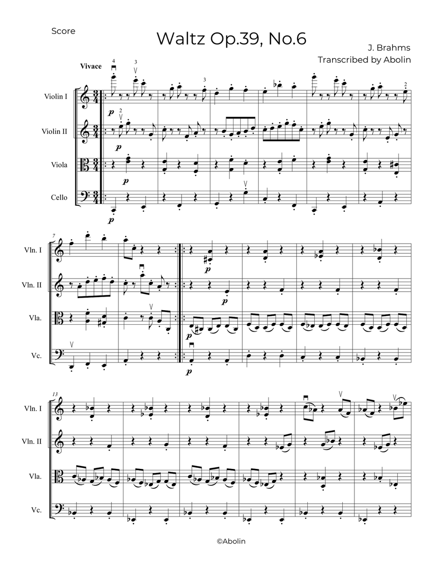 Brahms: Waltz Op.39, No.6 - String Quartet String Quartet scores gallery preview page 2