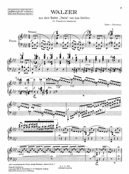 Walzer aus dem ballet "Naila" : fur pianoforte / bearb. von Ernst von Dohnanyi by Leo Delibes Piano Solo - Sheet Music
