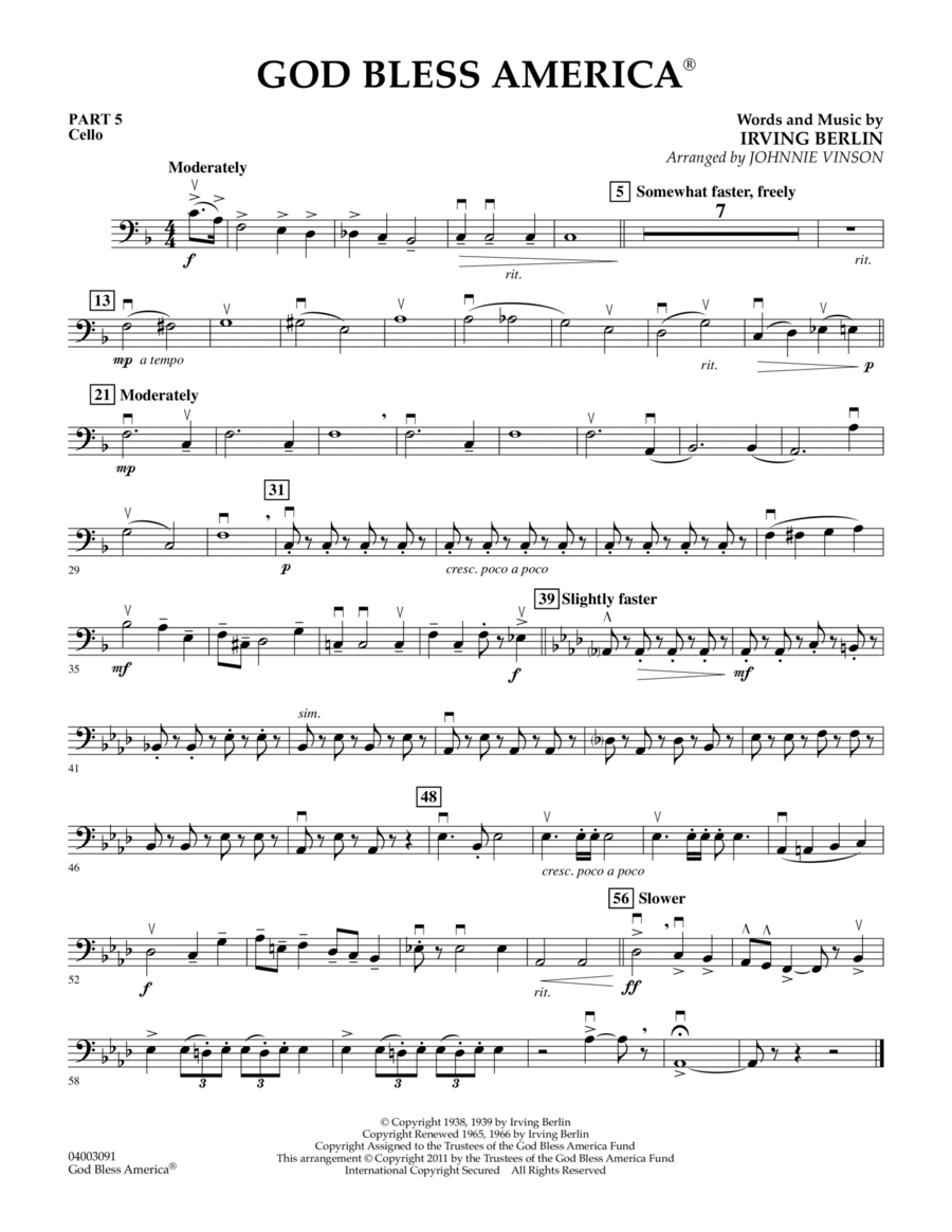God Bless America - Pt.5 - Cello Concert Band scores gallery preview page 1