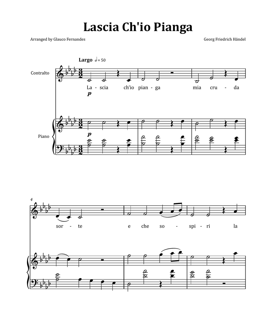Lascia Ch'io Pianga by Händel - Contralto & Piano in A-flat Major Chamber Music scores gallery preview page 1