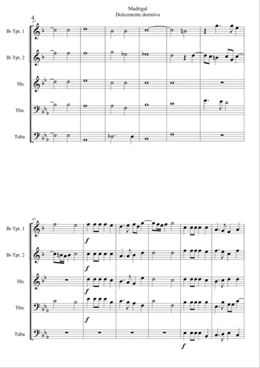Madrigal 'Dolcemente dormiva' for Brass quintet Choir scores gallery preview page 4