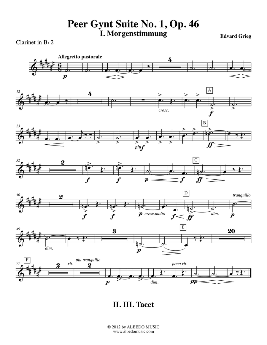 Grieg Peer Gynt Suite No.1 - Clarinet in Bb 2 (Transposed Part), Op.46 B-Flat Clarinet scores gallery preview page 1