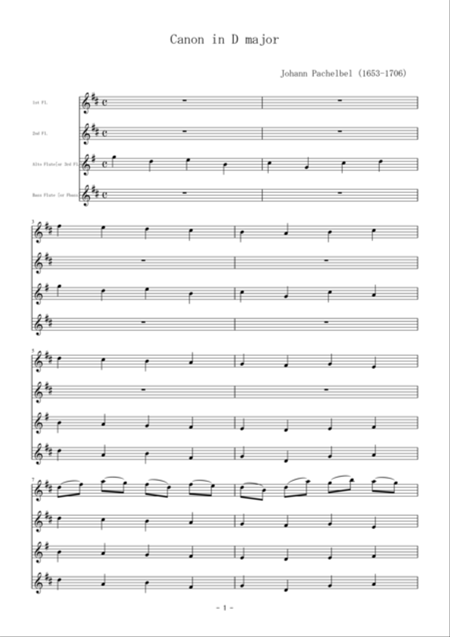 Pachelbel's Canon for flute quartet Flute Quartet scores gallery preview page 1
