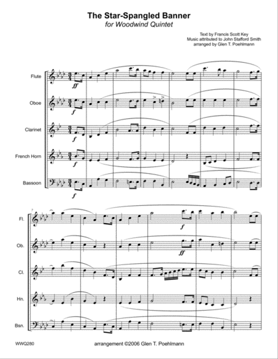 STAR-SPANGLED BANNER for WOODWIND QUINTET (unaccompanied) A Cappella scores gallery preview page 1