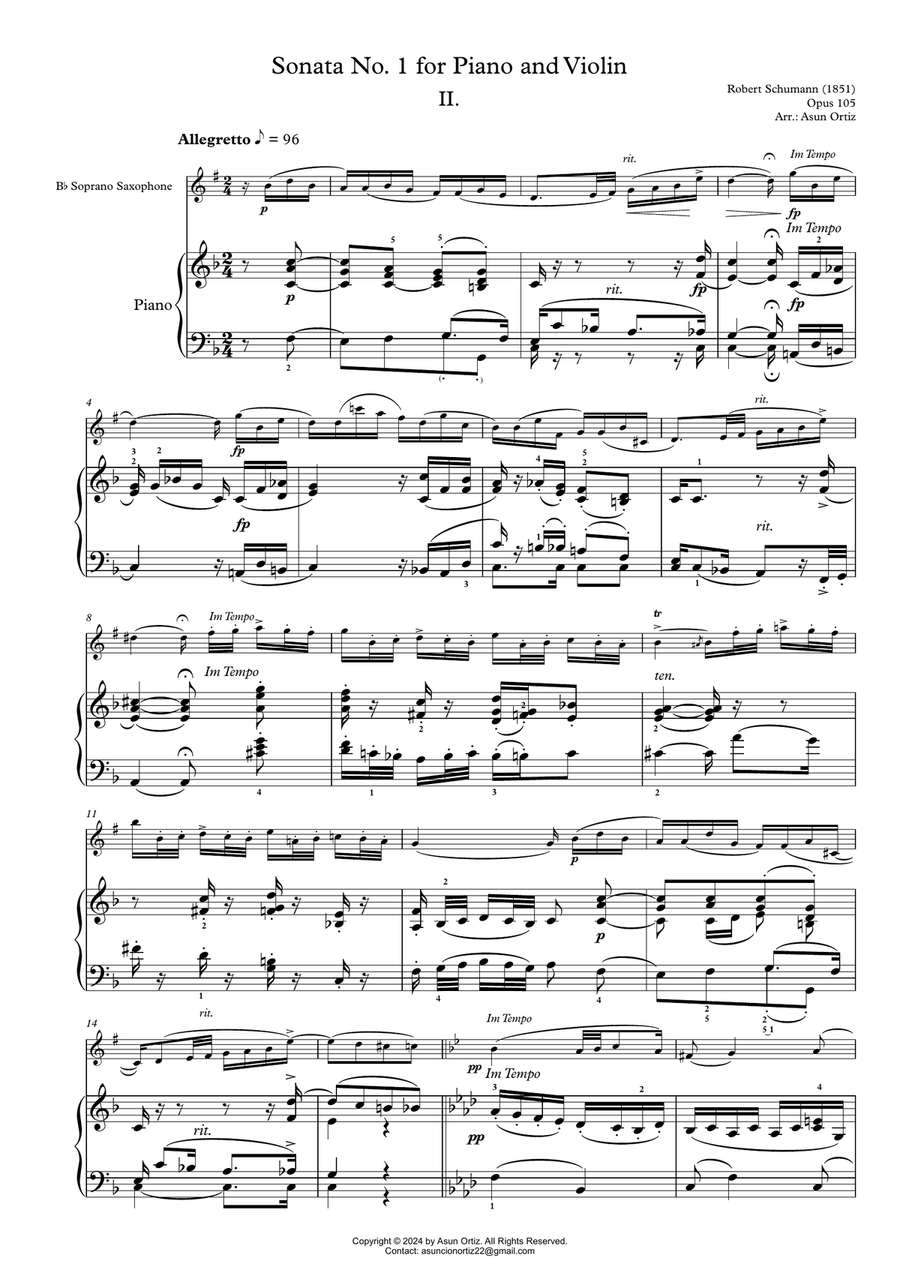 2nd movement from Sonata No. 1 for Piano and Violin (R. Schumann) [Soprano Saxophone Arrangement] Chamber Music scores gallery preview page 4