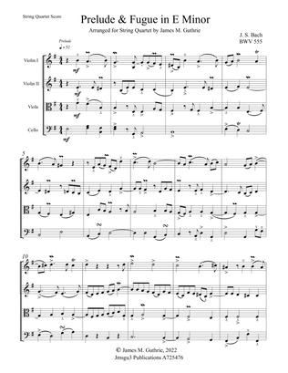 Bach: Prelude & Fugue in E Minor BWV 555 for String Quartet