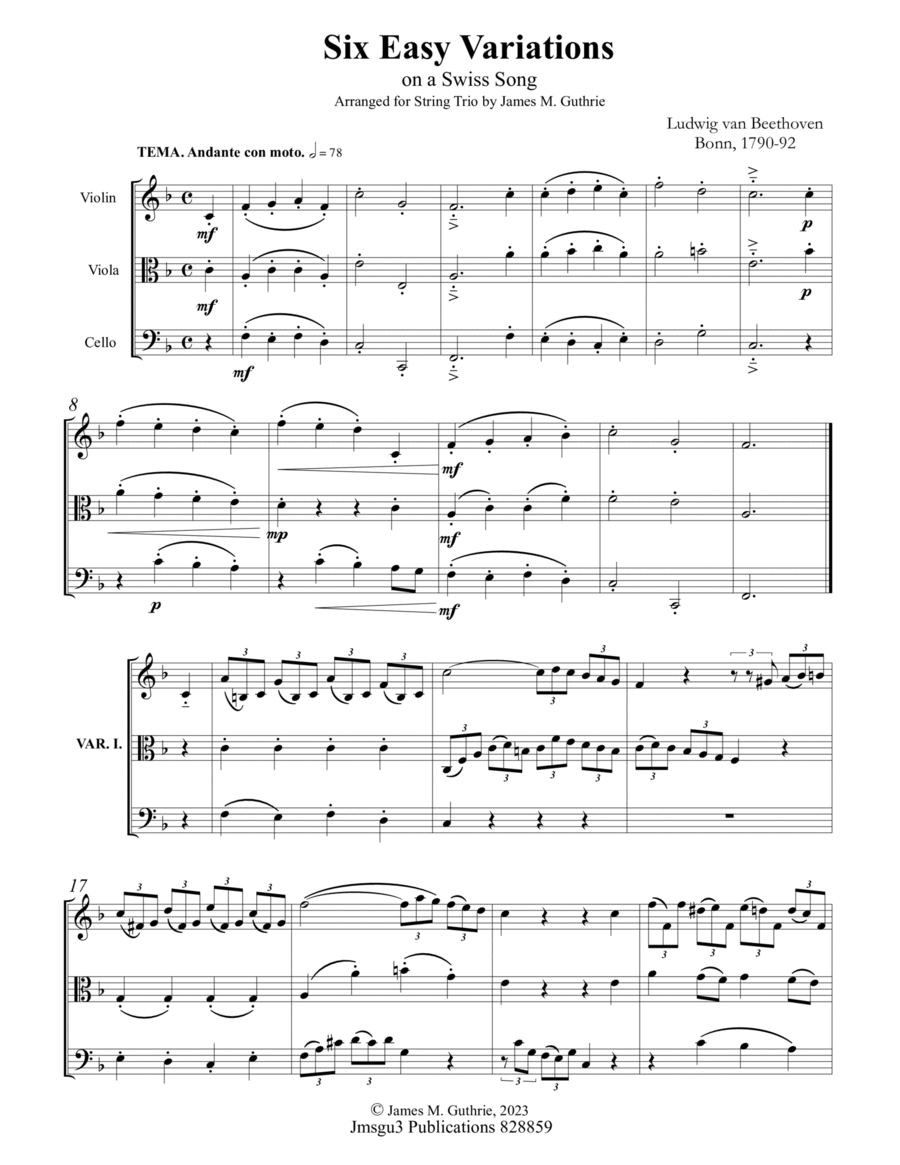 Beethoven: Six Easy Variations on a Swiss Theme WoO 64 for String Trio - Score Only String Trio scores gallery preview page 1