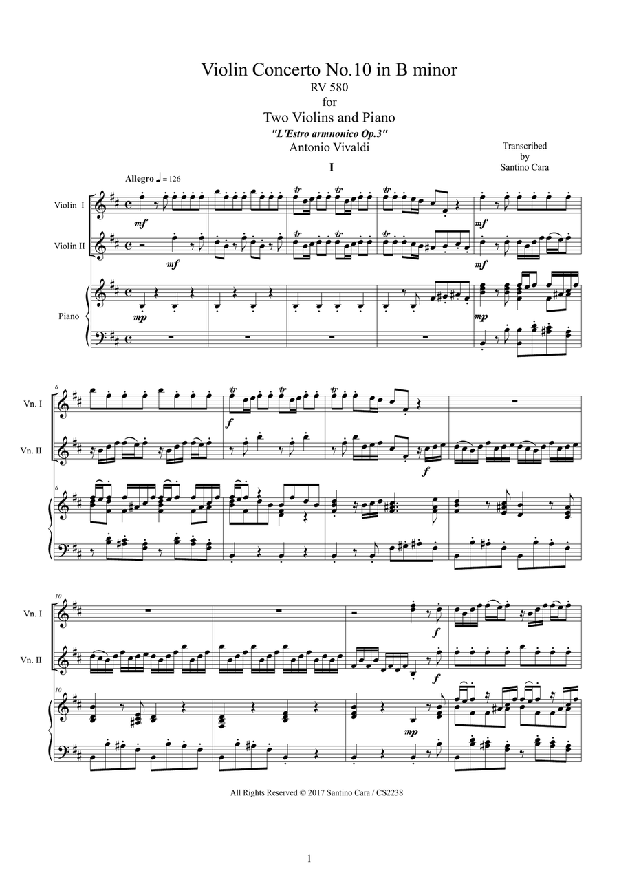 Vivaldi - Violin Concerto No.10 in B minor RV 580 Op.3 for Two Violins and Piano Violin Solo scores gallery preview page 1