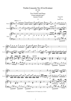 Book cover for Vivaldi - Violin Concerto No.10 in B minor RV 580 Op.3 for Two Violins and Piano