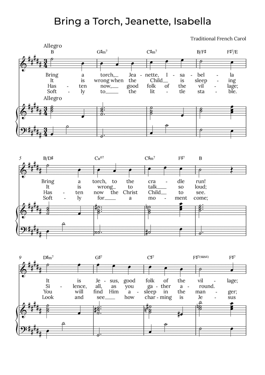 Bring a Torch, Isabella - Sobrano with chords in B, Jeanette Soprano Voice scores gallery preview page 1