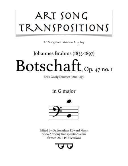 BRAHMS: Botschaft, Op. 47 no. 1 (transposed to G major, bass clef)