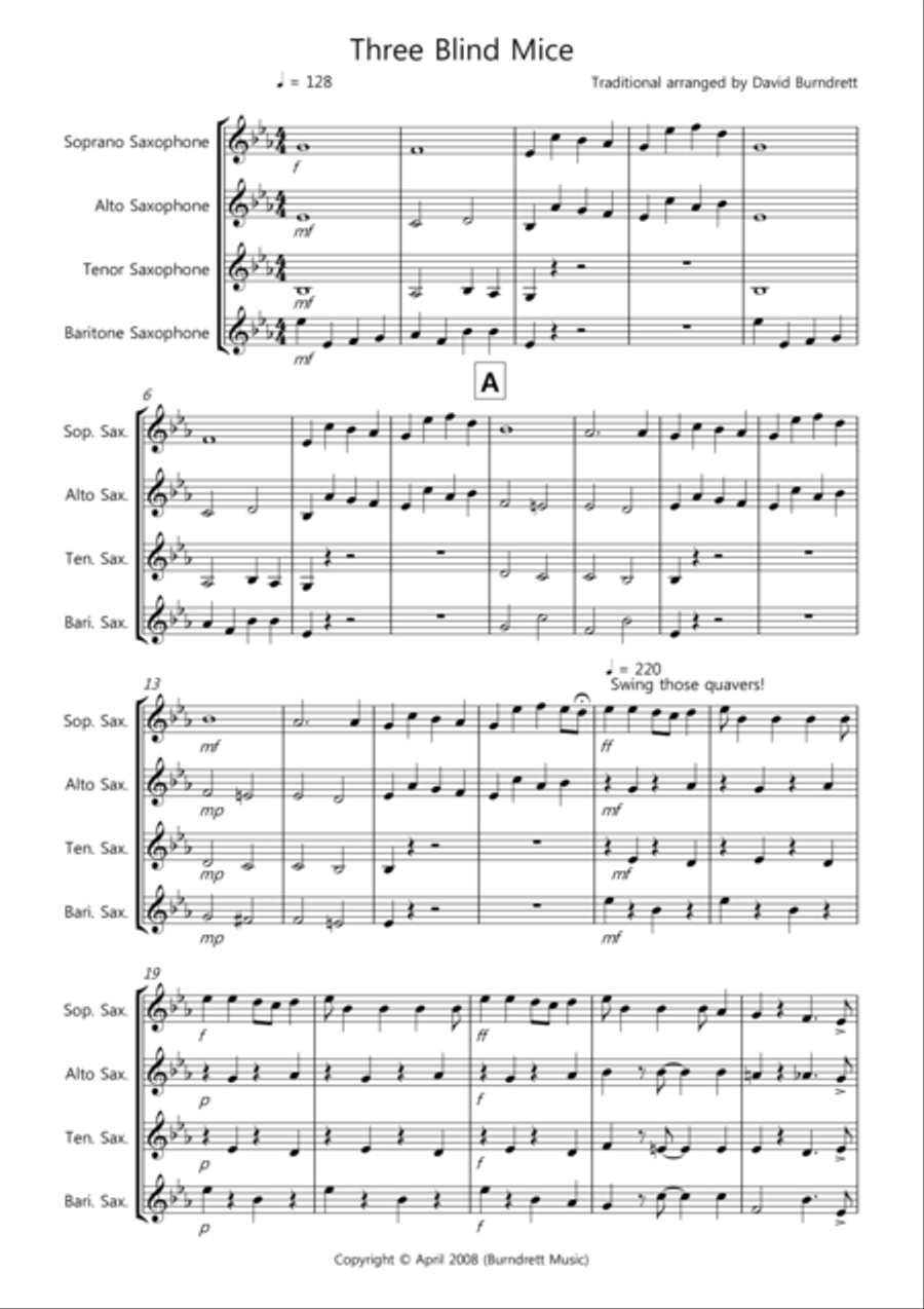 Three Blind Mice for Saxophone Quartet Saxophone Quartet scores gallery preview page 1