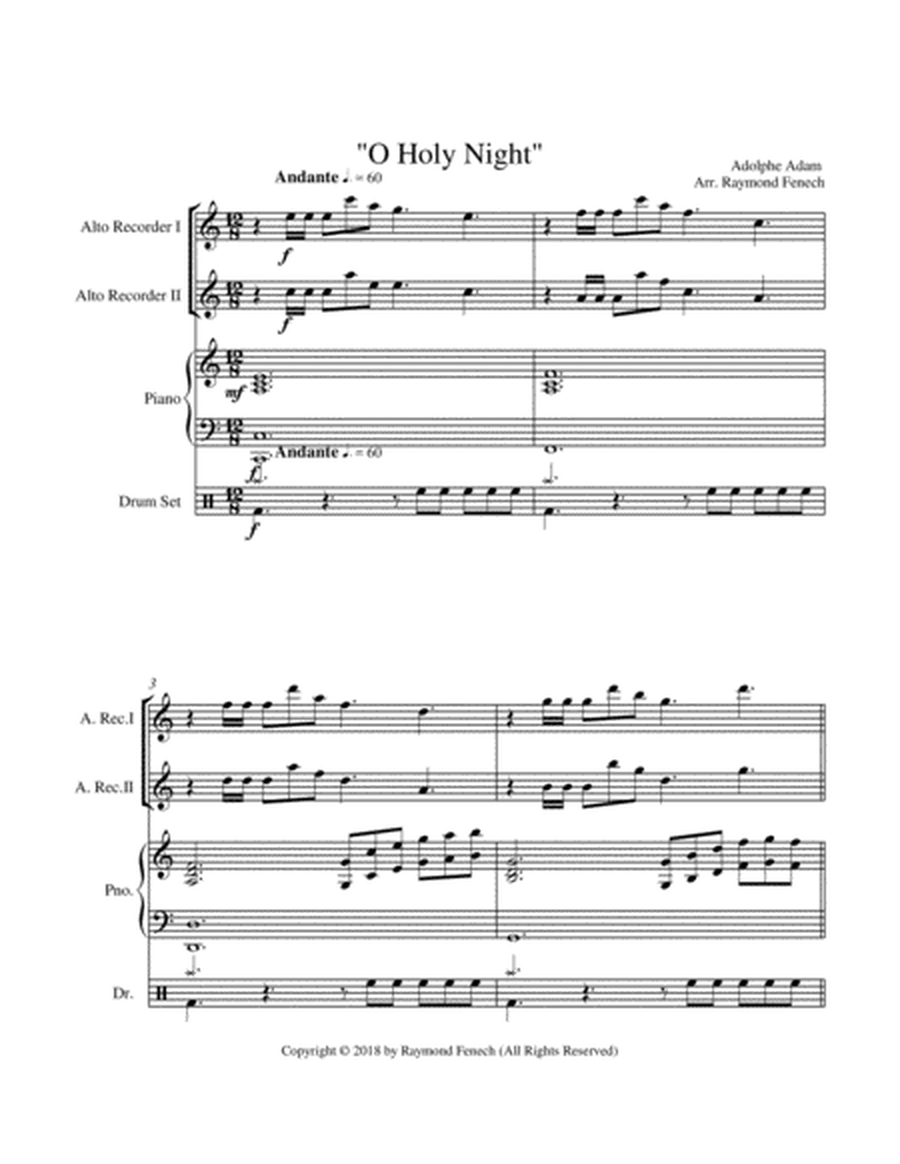O Holy Night - 2 Alto Recorders, Piano and Optional Drum Set - Intermediate Level image number null