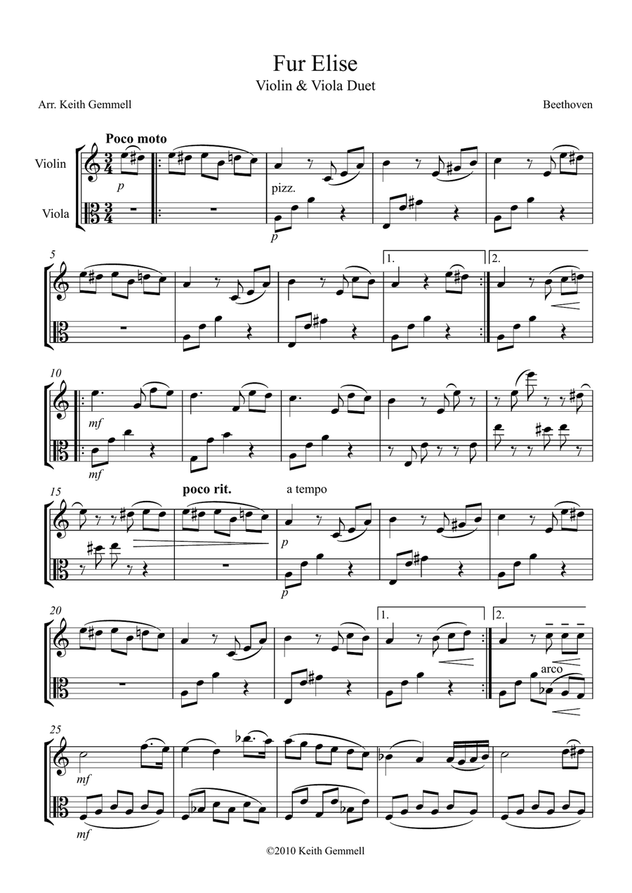 Fur Elise – Violin & Viola Duet String Orchestra scores gallery preview page 1