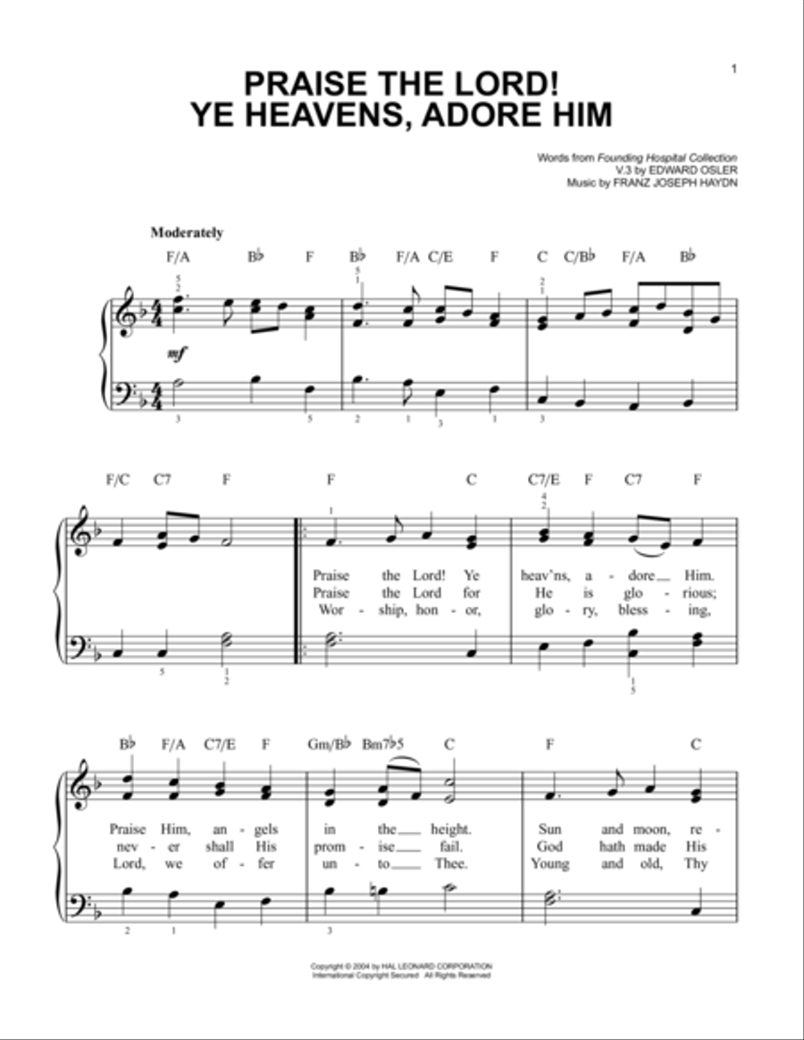 Praise The Lord! Ye Heavens, Adore Him Easy Piano scores gallery preview page 1