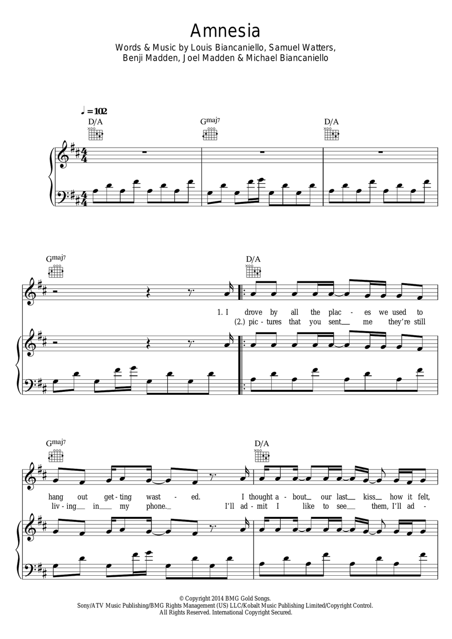Amnesia Piano, Vocal, Guitar scores gallery preview page 1