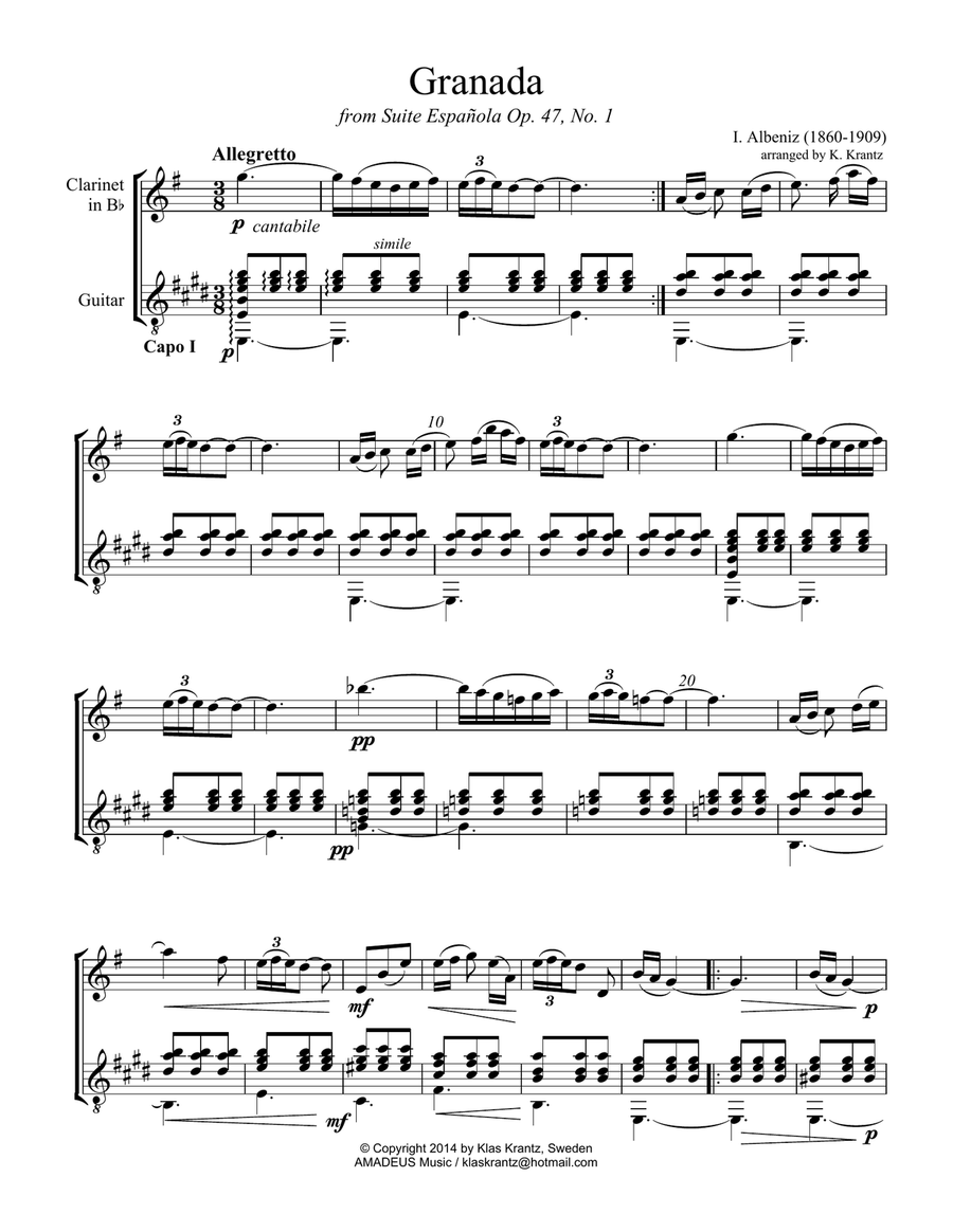Granada from Suite Española for clarinet in Bb and guitar B-Flat Clarinet scores gallery preview page 2