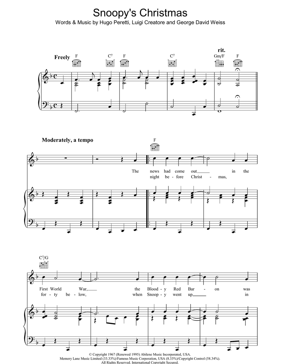 Snoopy's Christmas Snoopy's Christmas Piano, Vocal, Guitar scores gallery preview page 1