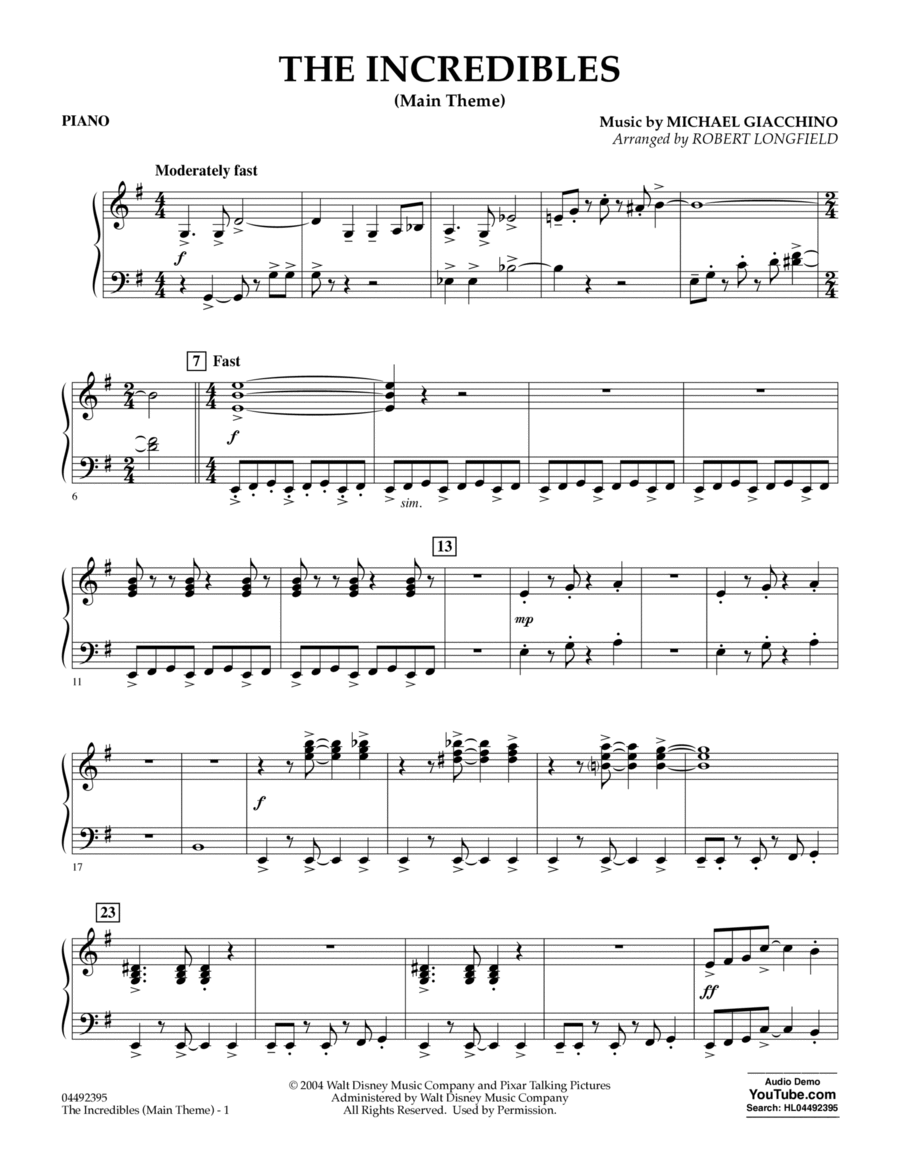 The Incredibles (Main Theme) (arr. Robert Longfield) - Piano Piano scores gallery preview page 1