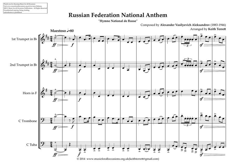 Russian National Anthem for Brass Quintet (MFAO World National Anthem Series) image number null