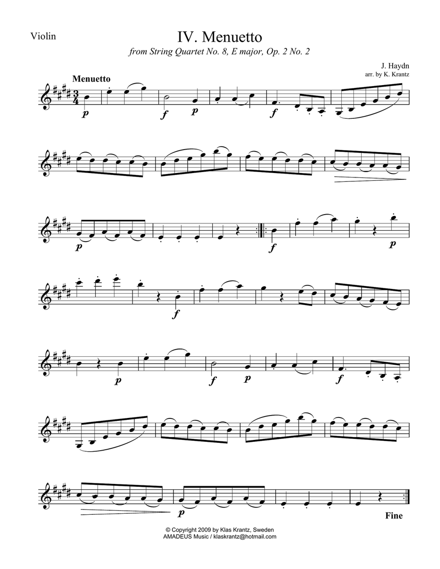Menuetto from String Quartet Op. 8 for violin and guitar Violin scores gallery preview page 4