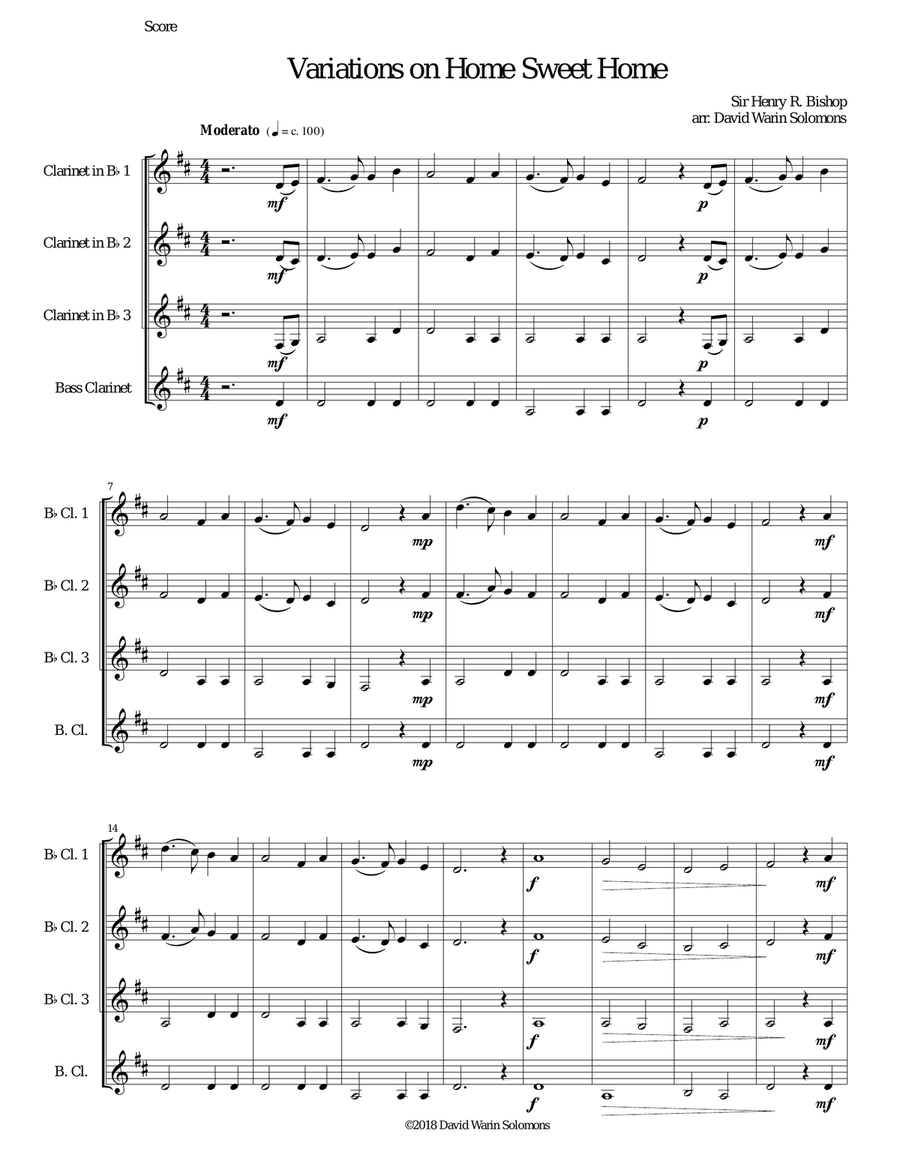 Variations on Home Sweet Home (there's no place like home) for clarinet quartet Clarinet Quartet scores gallery preview page 1