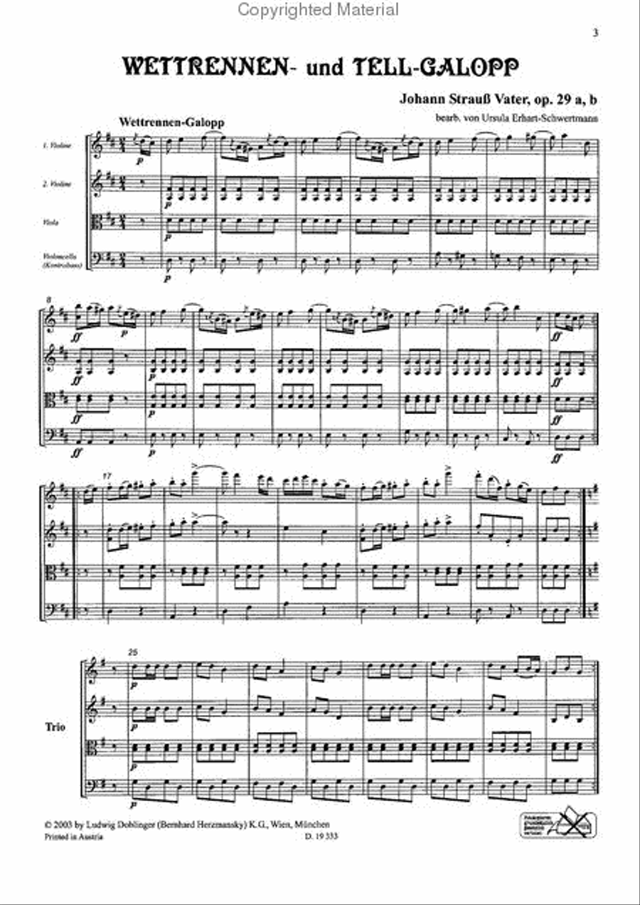 3 Galoppe fur Streichquartett: Wettrennen-und Tell-Galopp / Sperl-Galopp / Fortuna-Galopp String Quartet scores gallery preview page 2