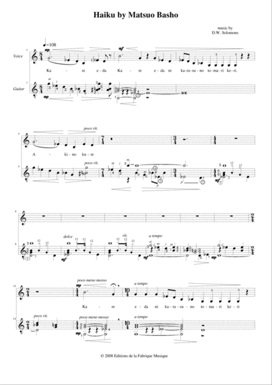 David Warin Solomons: Haikus by Matsuo Basho for low voice and gutiar Small Ensemble scores gallery preview page 3