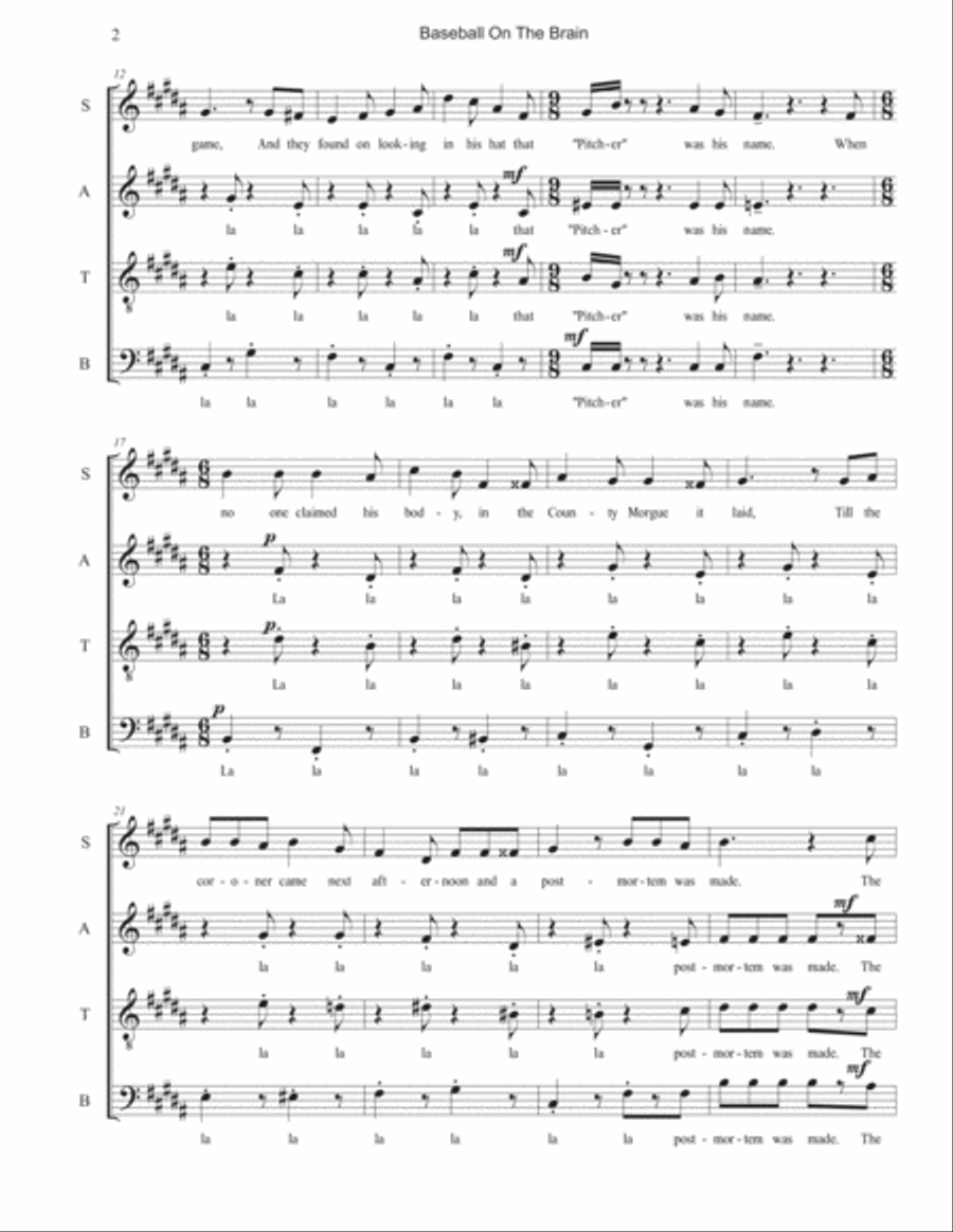 Baseball Songs: 2. Baseball on the Brain 4-Part scores gallery preview page 2