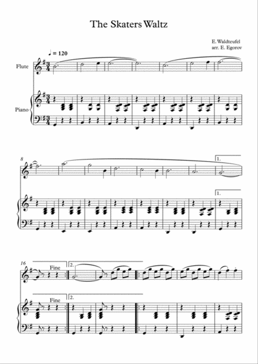 The Skaters Waltz, Emile Waldteufel, For Flute & Piano Flute Solo scores gallery preview page 1