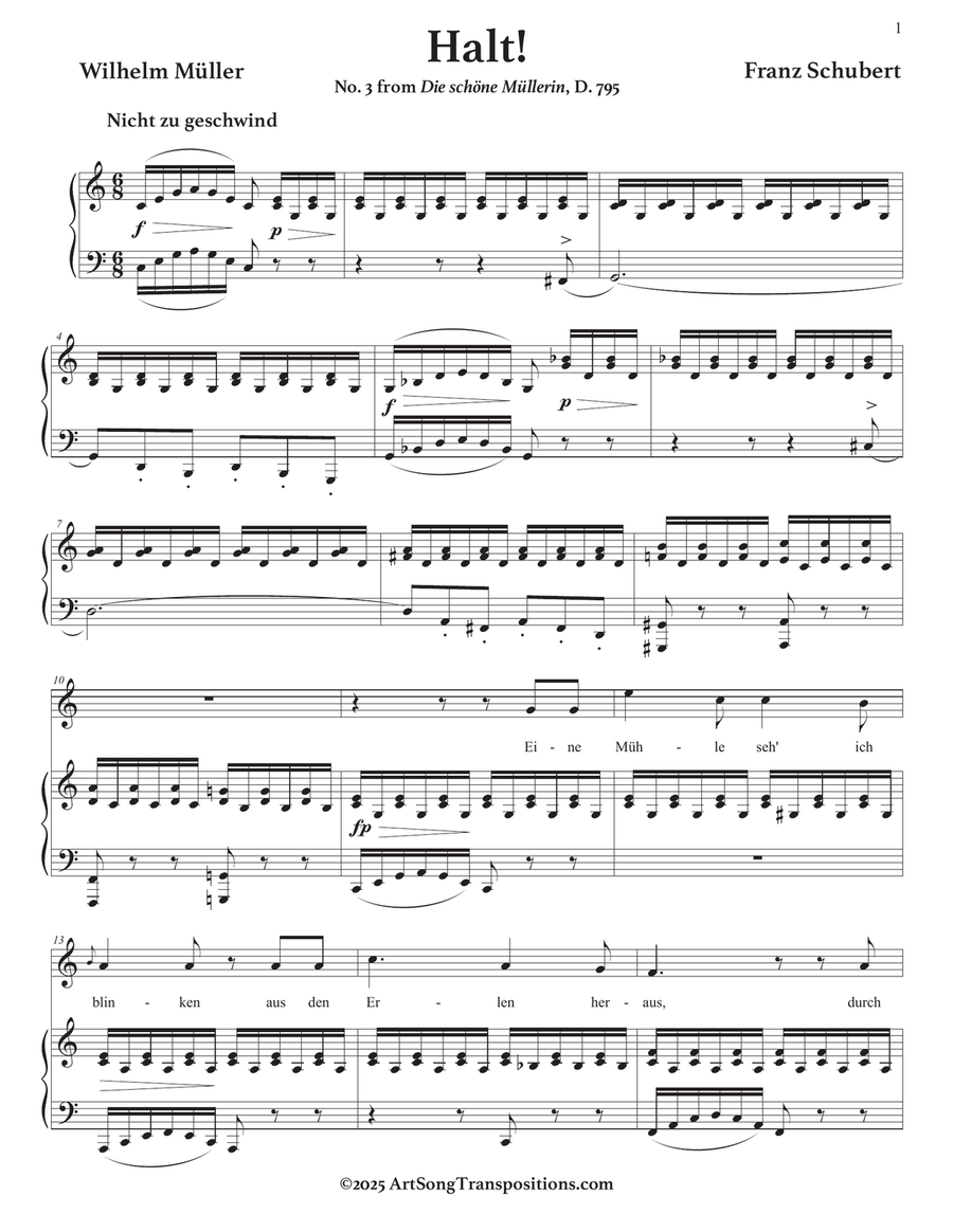 SCHUBERT: Halt! D. 795 no. 3 (transposed to 6 keys: C, B, B-flat, A, A-flat, G major) Piano, Vocal scores gallery preview page 2