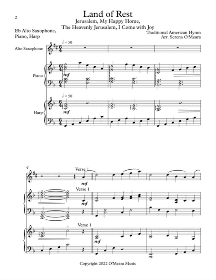 Land of Rest, Trio for Eb Alto Saxophone, Harp, Piano Alto Saxophone scores gallery preview page 2
