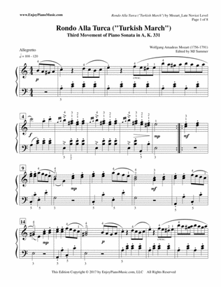 Rondo Alla Turca ("Turkish March") Piano Solo--Original Version Written in 4/4 Time Signature