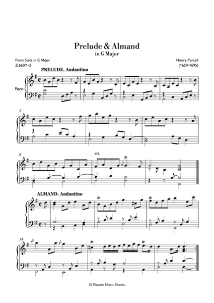 Purcell - Prelude and Almand from Suite in G Major - Easy image number null