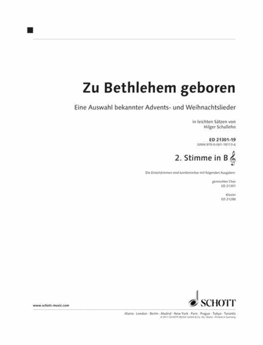 Zu Bethlehem Geboren: Well-known Carols 2nd Part In B-flat (violin Clef)