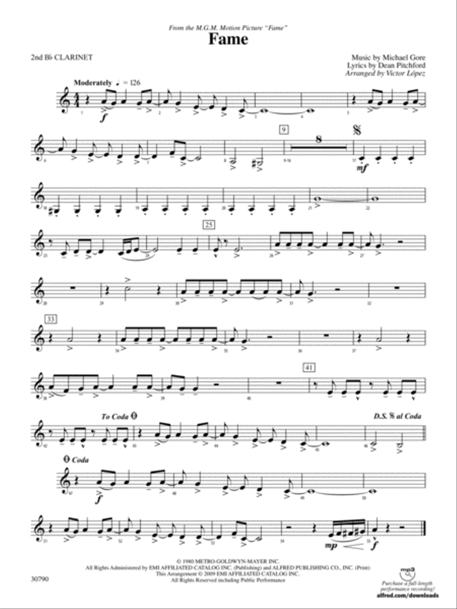 Fame (from the motion picture Fame): 2nd B-flat Clarinet Concert Band scores gallery preview page 1