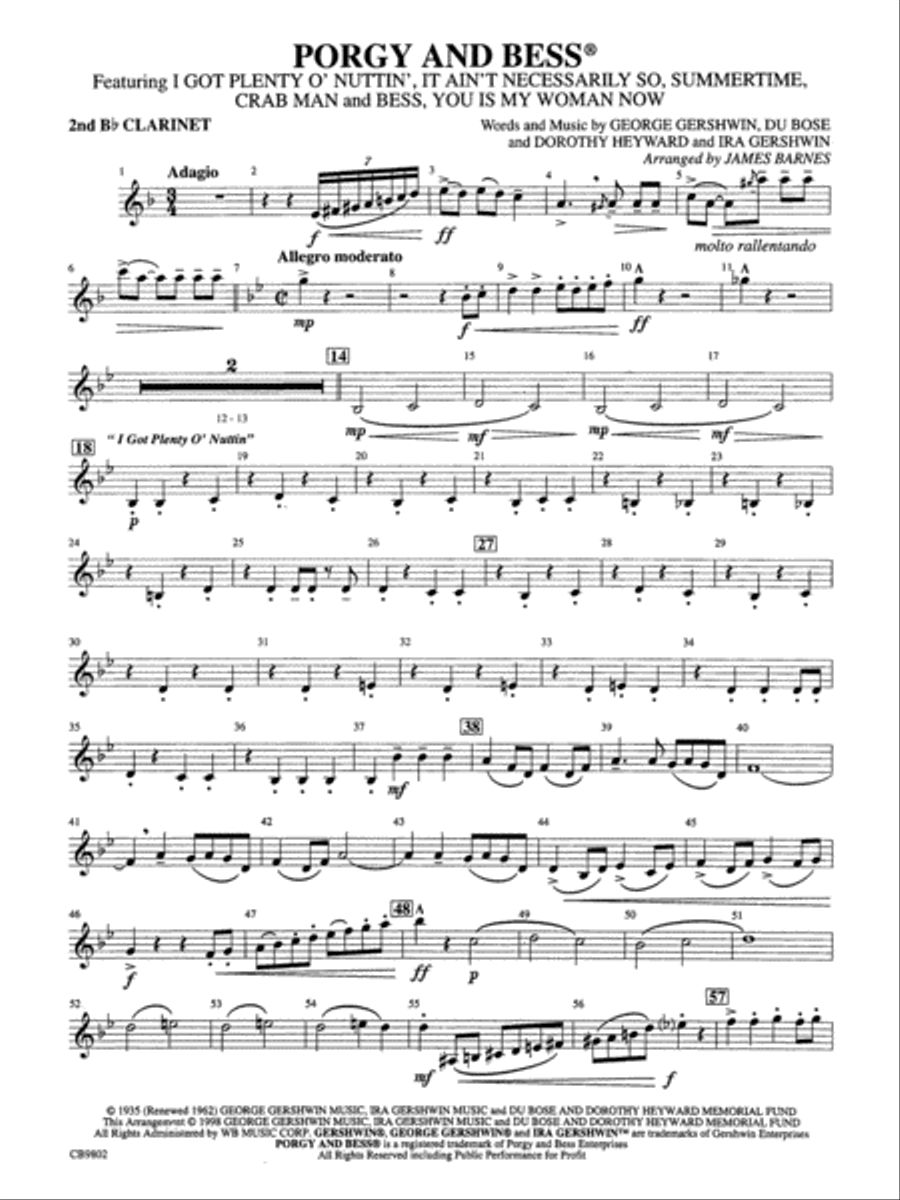 Porgy and Bess® (Medley): 2nd B-flat Clarinet Concert Band scores gallery preview page 1